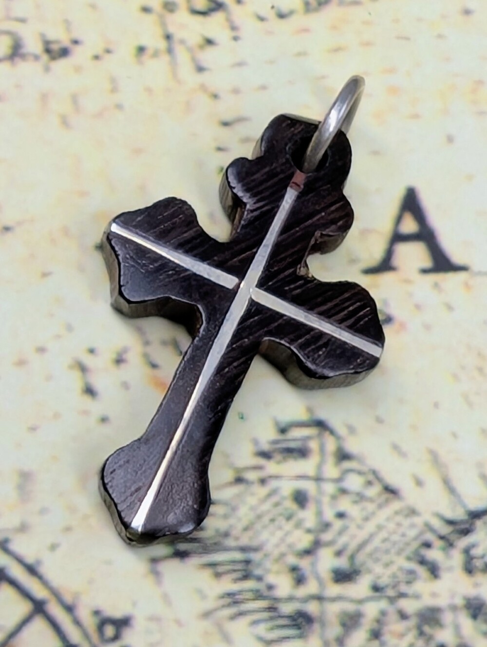 Vintage Taxco Wooden Cross Pendant with Silver Inlay